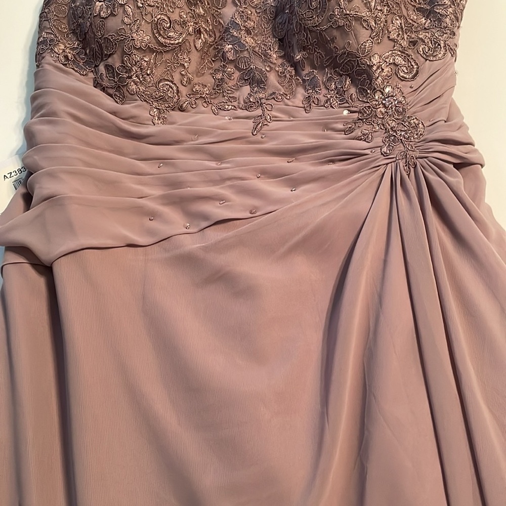 Azazie dress color is dusk(pic#1) lace bust gathered waist high/low hem lined - Picture 9 of 16